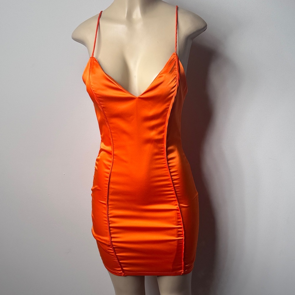 Fashion Nova Orange Satin Spaghetti-Strap Mini Dress